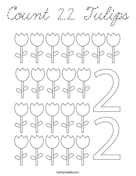 Count 22 Tulips Coloring Page Twisty Noodle Number 22 Coloring Page - Number 22 Coloring Page