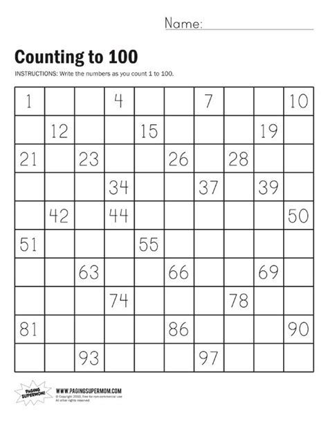 Count To 100 With Hints Worksheets K5 Learning Number1 100 Worksheet Kindergarten - Number1-100 Worksheet Kindergarten