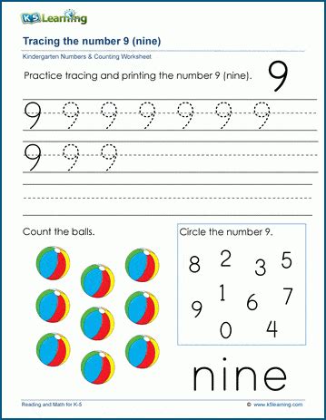 Count To Nine K5 Learning Number 9 Worksheet - Number 9 Worksheet