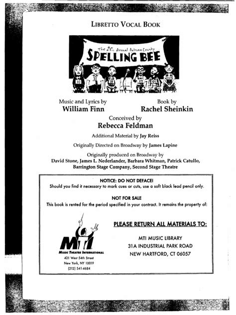 County Spelling Bee Libretto Pdf 25th Annual Putnam