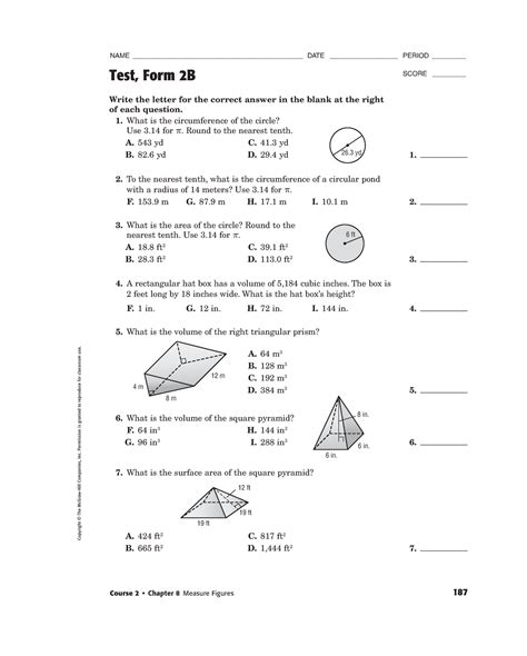 Course 2 Chapter 8 Measure Figures Test Form 3a Answer Key