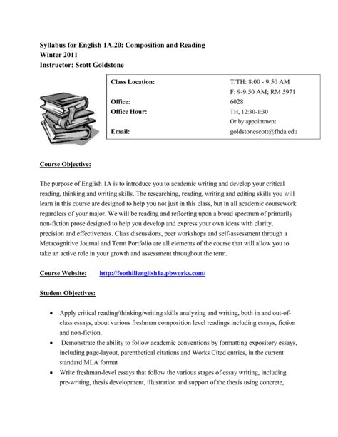 Download Course Syllabus English 1A Reading And Composition 