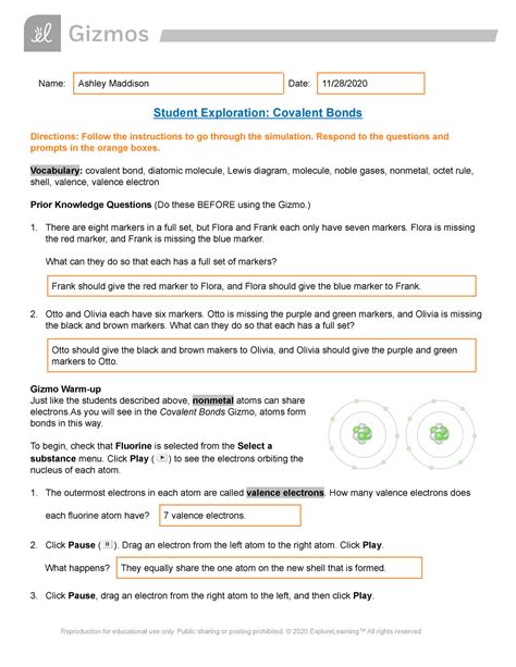 Covalent Bonds Gizmo Worksheet Answers The 35 Latest Covalent Bonds Worksheet With Answers - Covalent Bonds Worksheet With Answers