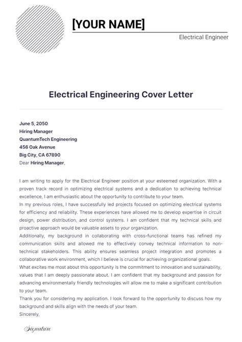 Cover Letter For Electrical Engineering Job Application