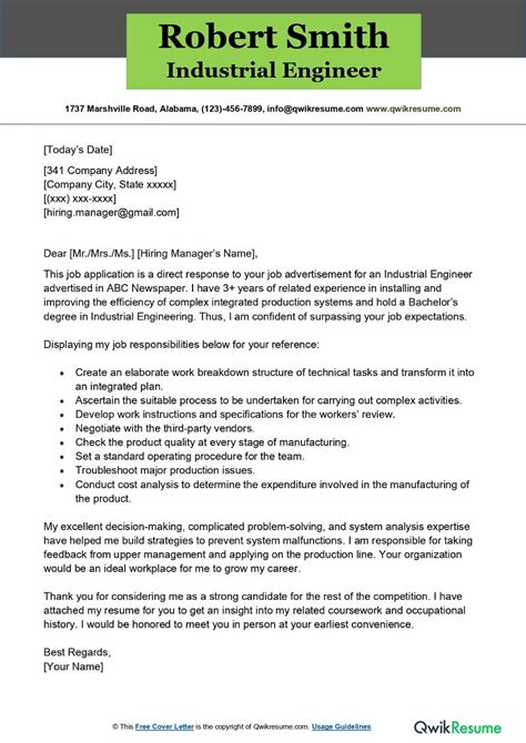 Download Cover Letter For Job Application Industrial Engineer 