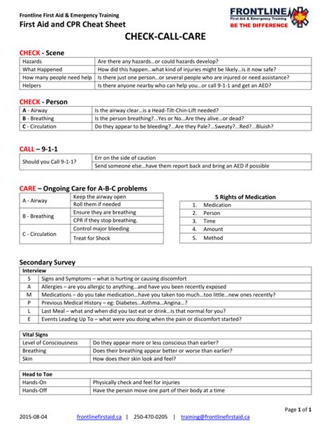 cpr first aid cheat sheet