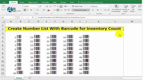 create number list with barcode in ms excel for inventory count YouTube