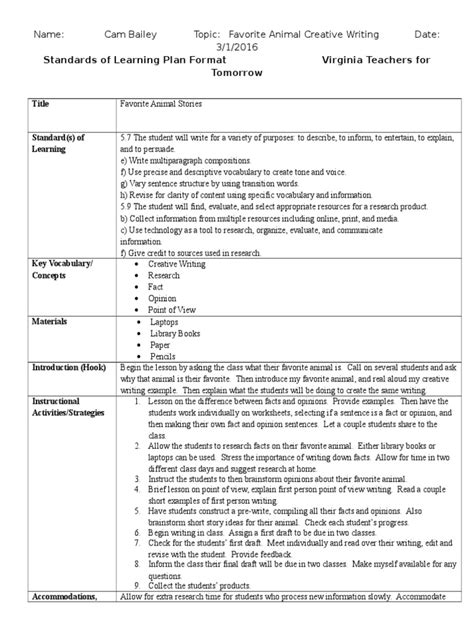 Creative Writing Lesson Plan Objectives Writing Objectives Lesson Plan - Writing Objectives Lesson Plan