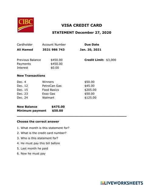Credit Card Statement Worksheet Live Worksheets Credit Card Statement Worksheet - Credit Card Statement Worksheet