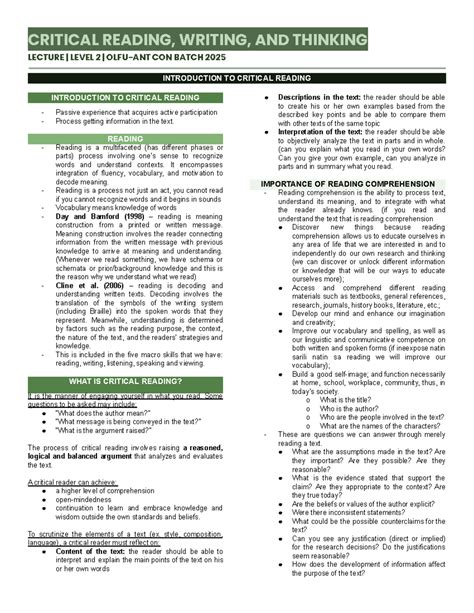 Critical Reading Teachers Notes And Answer Keys