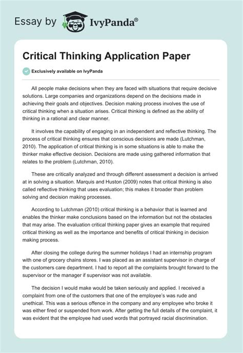 Full Download Critical Thinking Application Paper 
