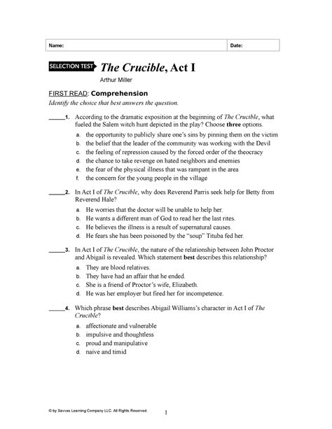 Crucible Act 1 Selection Test B Answers Tuoxieore
