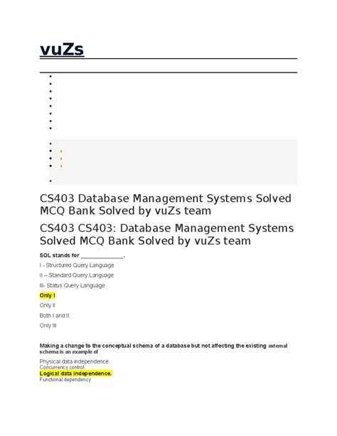 Cs403 Database Management Systems Solved Subjective From