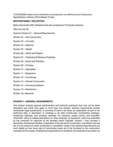 csi masterformat 16 divisions