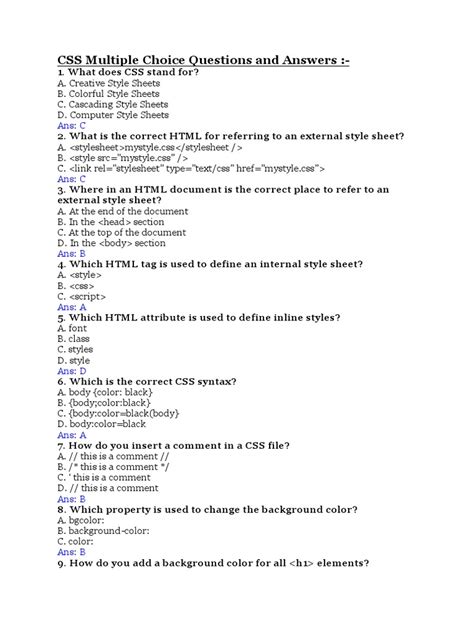 Css Multiple Choice Questions And Answers