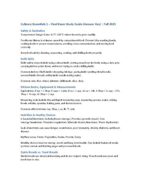 Culinary 1 Essentials Study Guide Quia