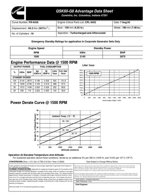 Cummins Qsk60g8 Engine Data Sheet