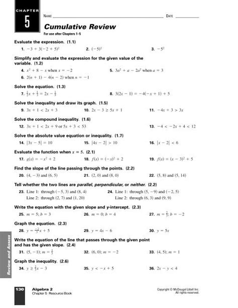 Full Download Cumulative Review Chapters 1 5 Answers Algebra 