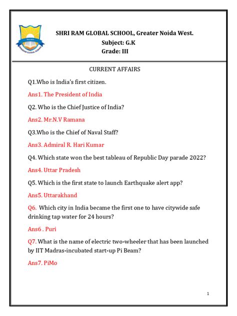 Current Affairs For Class 3