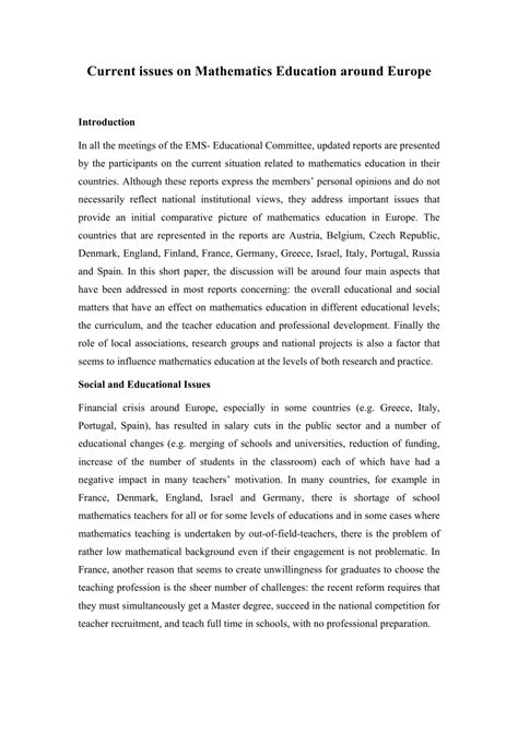 Current Issues On Mathematics Education Around Europe