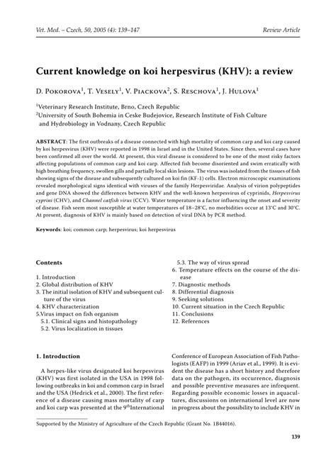 Current Knowledge On Koi Herpesvirus Khv A Review
