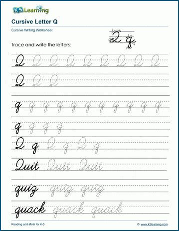 Cursive Writing Letter Q Worksheets K5 Learning Writing Letter Q - Writing Letter Q