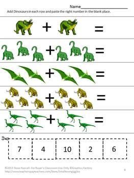 Cut And Paste Dinosaurs Addition Worksheets For Kindergarten Dinosaur Addition Worksheet For Kindergarten - Dinosaur Addition Worksheet For Kindergarten