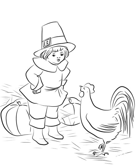 Cute Pilgrim Boy And Plymouth Rock Rooster Coloring Pilgrim Boy Coloring Page - Pilgrim Boy Coloring Page