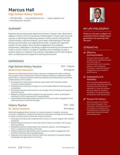 cv example for a history teacher