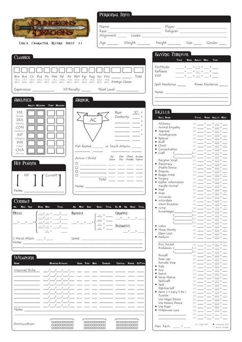 D D 3e Character Sheets 11642 Dungeons Dragons D D Worksheet - D&d Worksheet