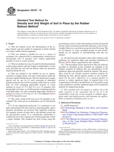 d2167 15 standard test method for density and unit weight of soil in place