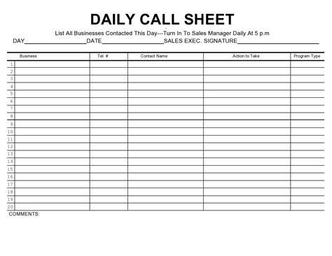 Daily Call Sheet Free Forms Online