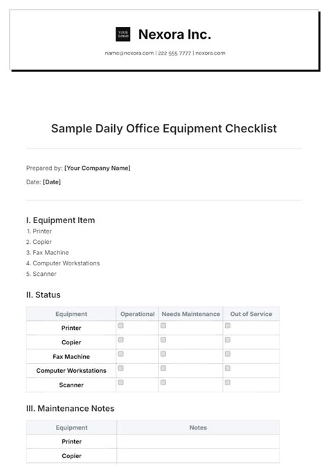 daily equipment checklist template