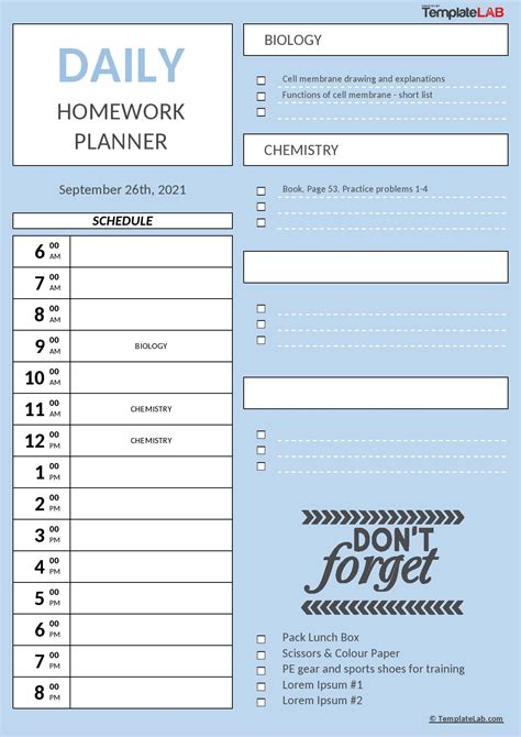 Daily Homework Assignment Sheet Template