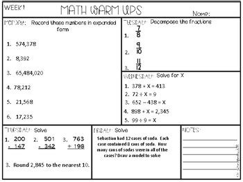 Daily Math Warm Ups 4th Grade