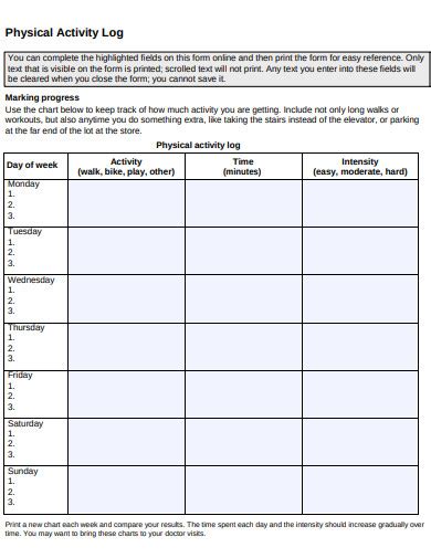 Daily Physical Activity Log Template