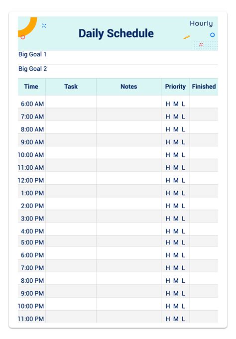 daily schedule template in 5 minutes increments