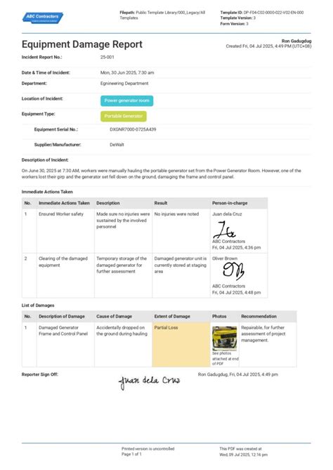 damaged equipment report template