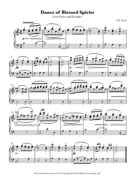 Dance Of The Blessed Spirits Gluck Easy Intermediate Piano Sheet Music