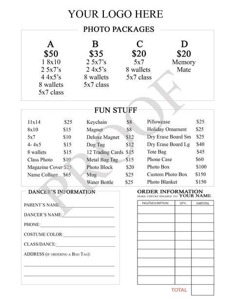 dance picture order form template
