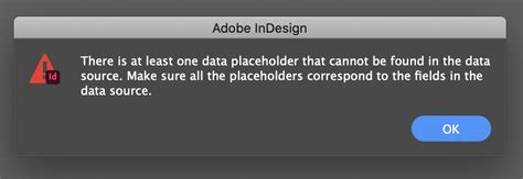 data placeholder cannot be found indesign