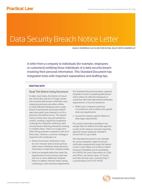 Data Security Breach Notice Letter Kelley Drye Warren