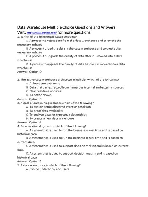 Data Warehouse Multiple Choice Questions And Answers