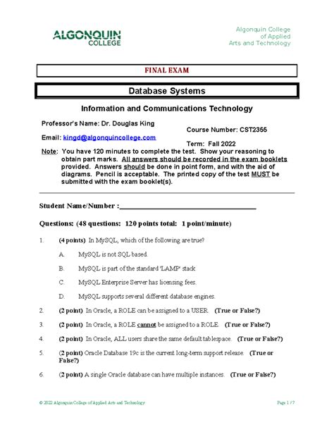 Database Systems Final Exam Questions And Answers