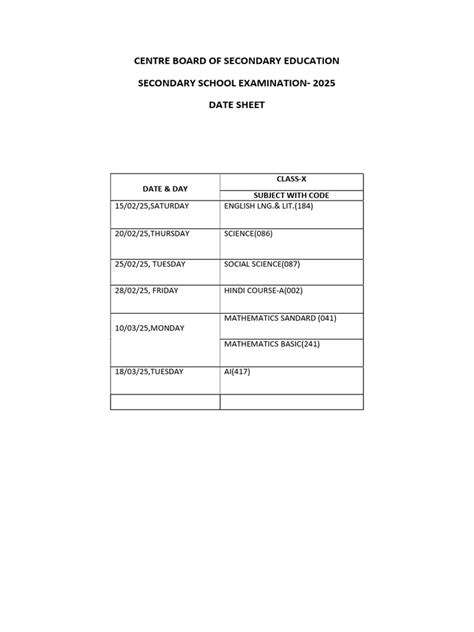 Date Sheet For Secondary School Examination 2014