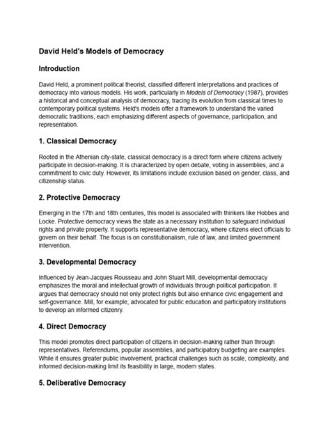 David Held Classification Of Democracy