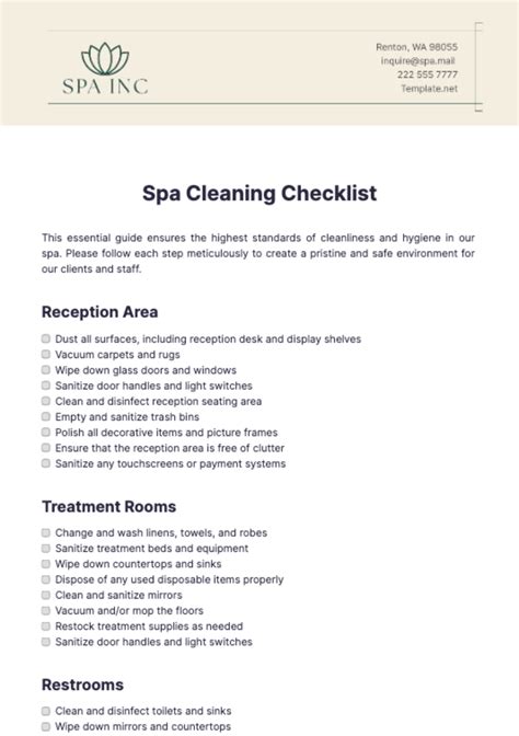 Day Spa Cleaning Checklist