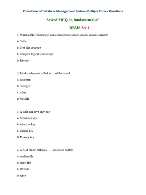 Dbms Multiple Choice Questions And Answers