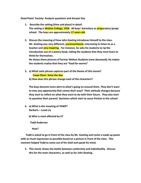 Read Online Dead Poets Society Study Guide Answer Key 