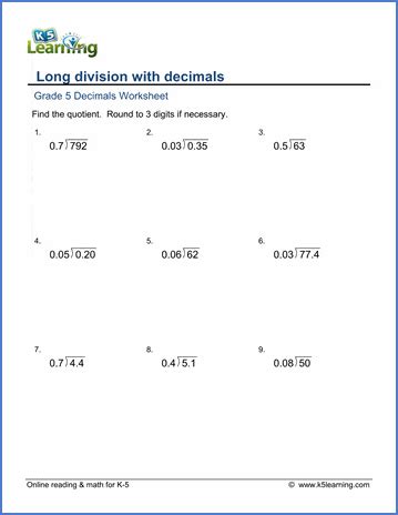 Decimal Division Worksheets K5 Learning Long Division With Decimals Worksheet - Long Division With Decimals Worksheet